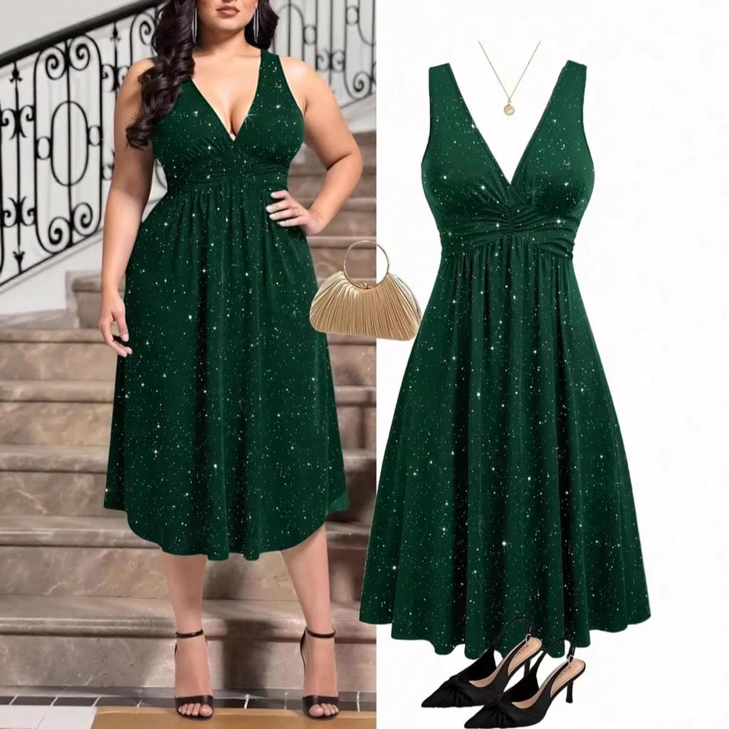 Abito Elegante da Donna Taglie Forti con Scollo a V, Glitter e Pieghe - Primavera/Autunno 2026