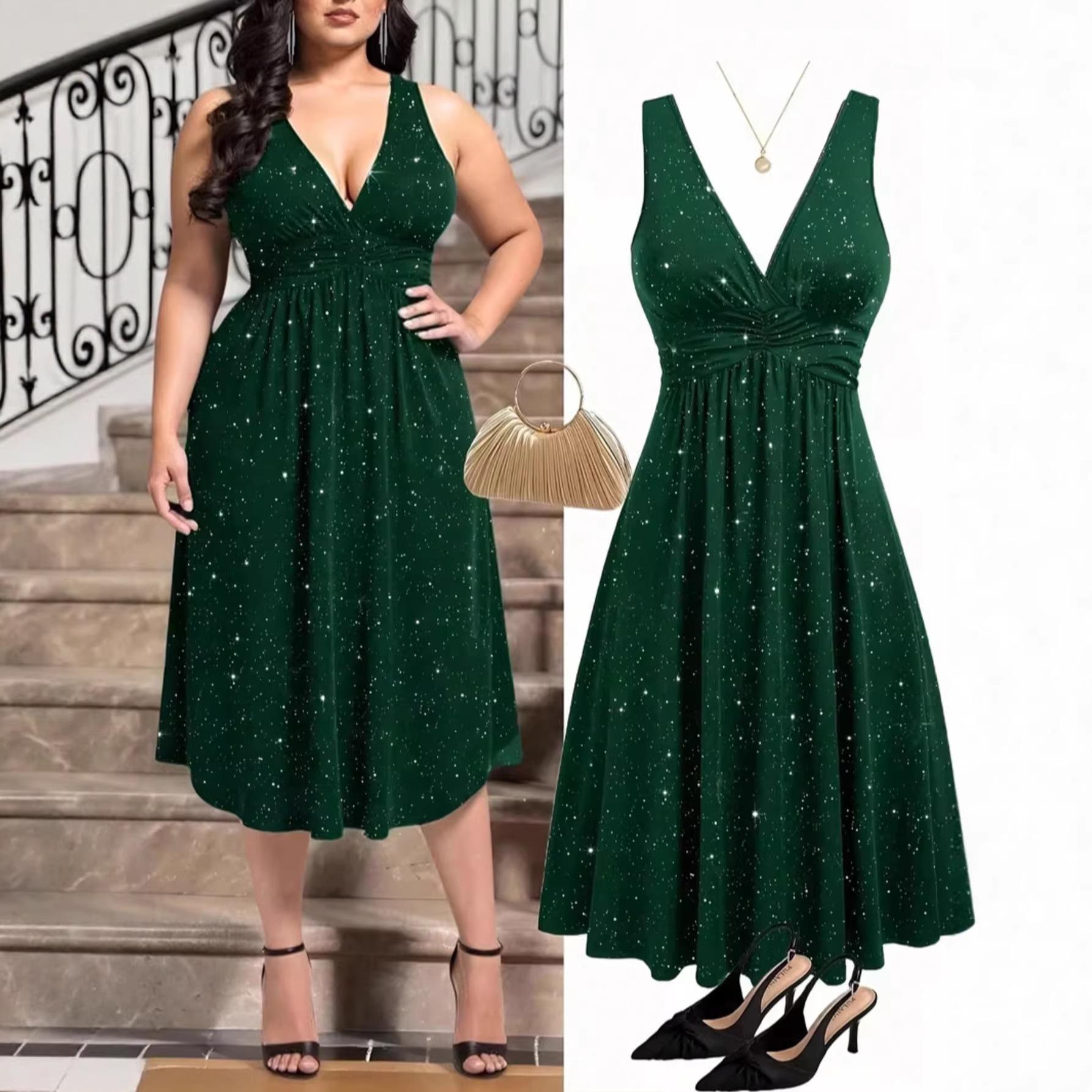 2026 Spring/Autumn Plus Size Women s Elegant V-neck Glitter Pleated Dress 5XL