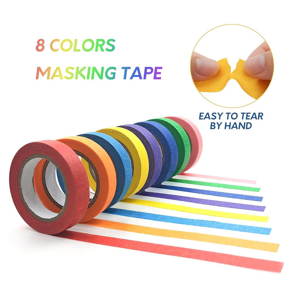 8PCS Colored Masking Tape  Painters Tape, Rainbow Colors Rolls, Kids Art Supplies, Great for Crafts, Labeling, DIY Decorative.