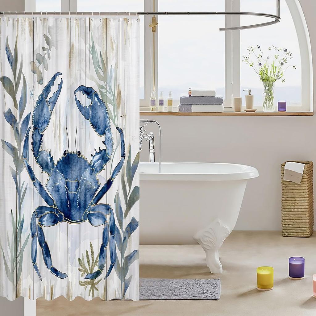 Blue Crab Nautical Theme Waterproof Shower Curtain 180x200cm - Marine Life Print Fabric Bath Curtain for Coastal Home Decor
