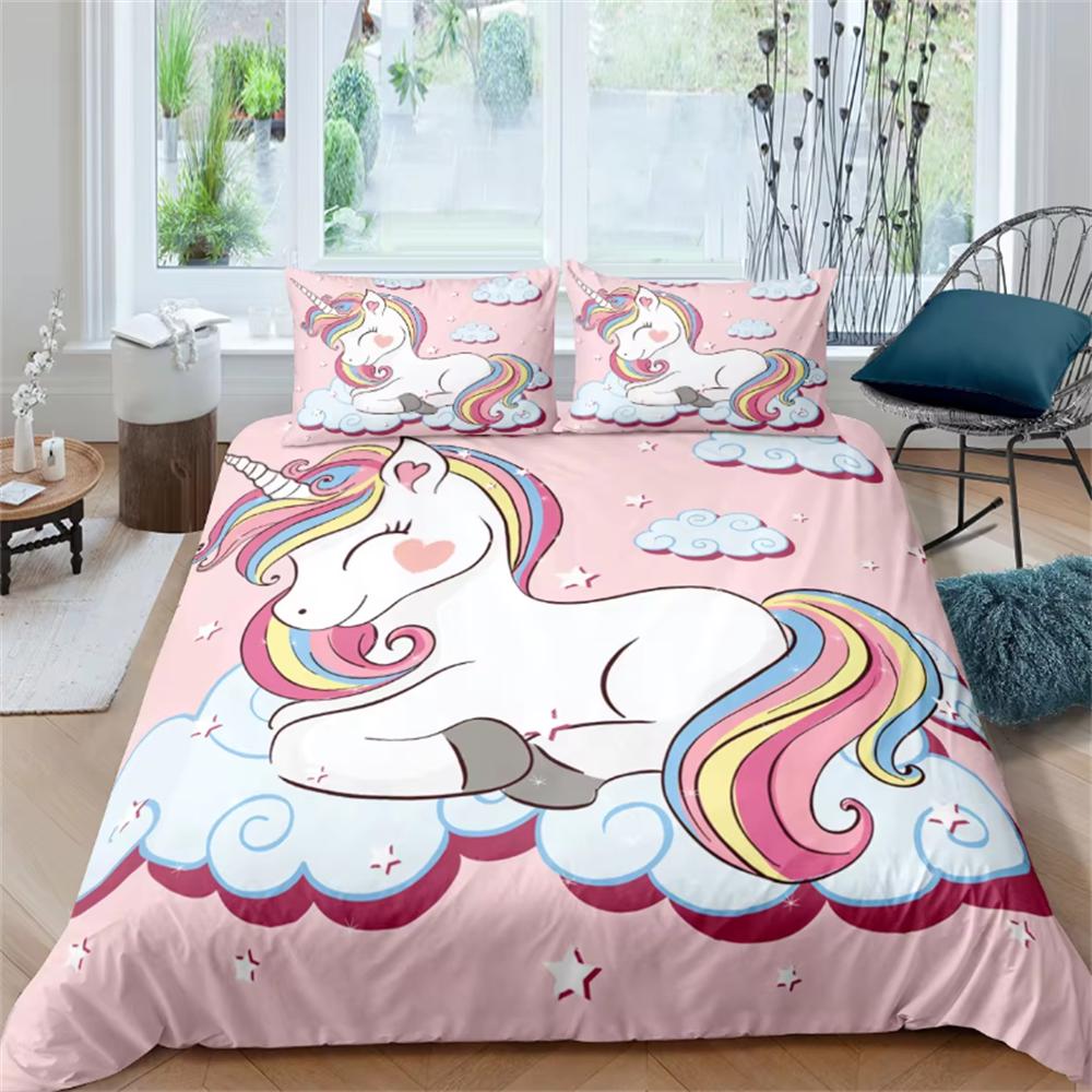 Children Bedding Sets Gifts Unicorn and Colorful Horse Printing Duvet Cover Sets for Kids Girls Boys 2/3 Pcs Single Pink Quilts