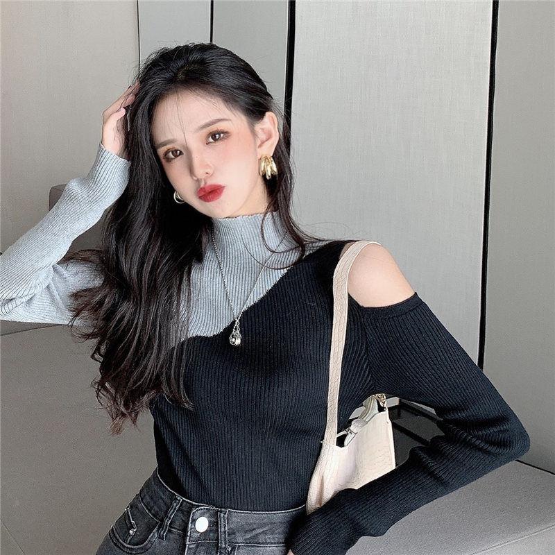 Dámské svetry Dámské úplety Podzimní svetr Úzký střih Kontrastní barvy na rameno Top Femme Chandails Pull Hiver