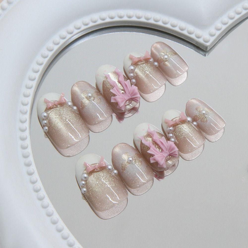 Manicure Long Almond False Nails French Simple Press On Nails Detachable Sweet Pink Bow Nail Tips DIY
