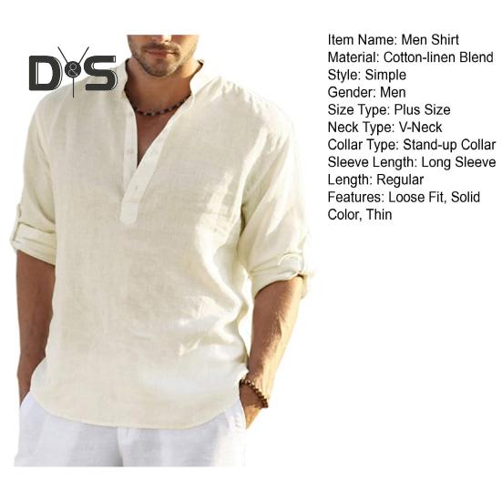 Men Shirt Stand Collar V-Neck Long Sleeve Pullover Tops Breathable Solid Color Casual Tops Daily Wear