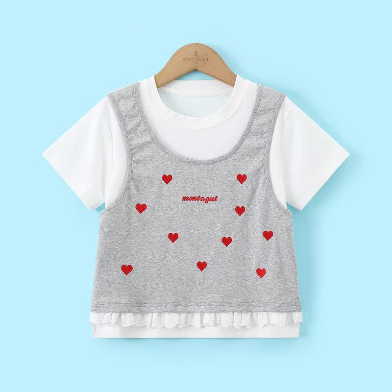 Mengtejiao Girls' Heart Embroidered Short Sleeve T-Shirt