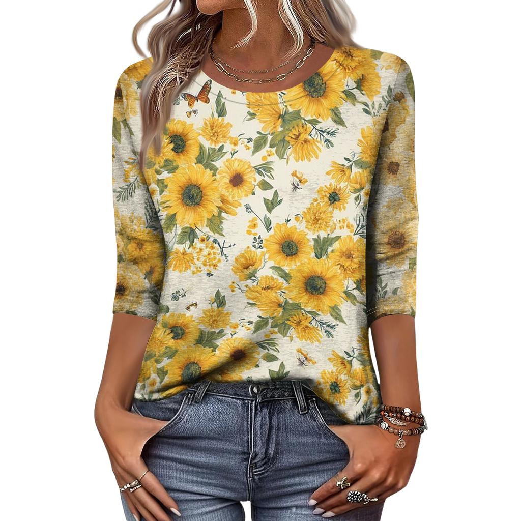 Women's Fashion Casual Round Neck 3/4 Sleeve Loose Printed T-Shirt Ladies Top