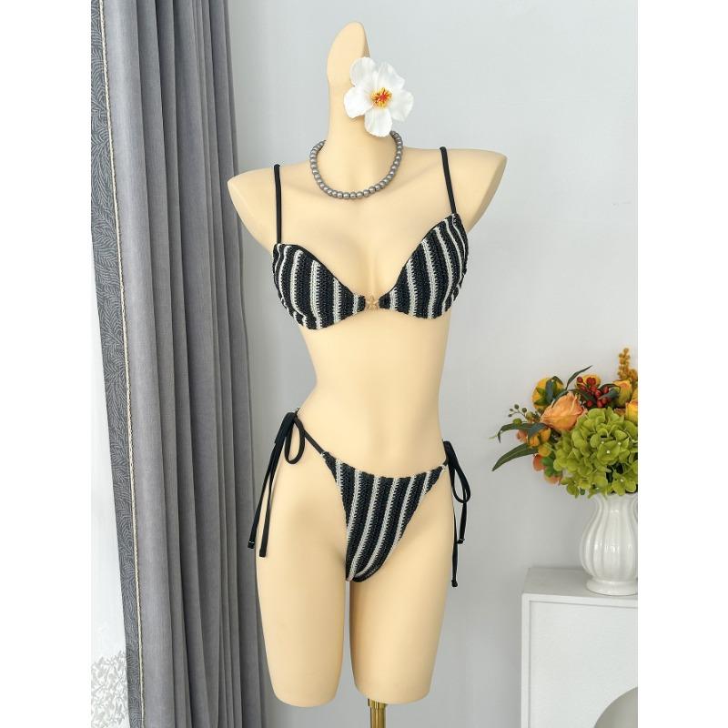 Women Sexy Striped Halter Lace Up Bandeau Two Piece Split Bikini Swimsuit