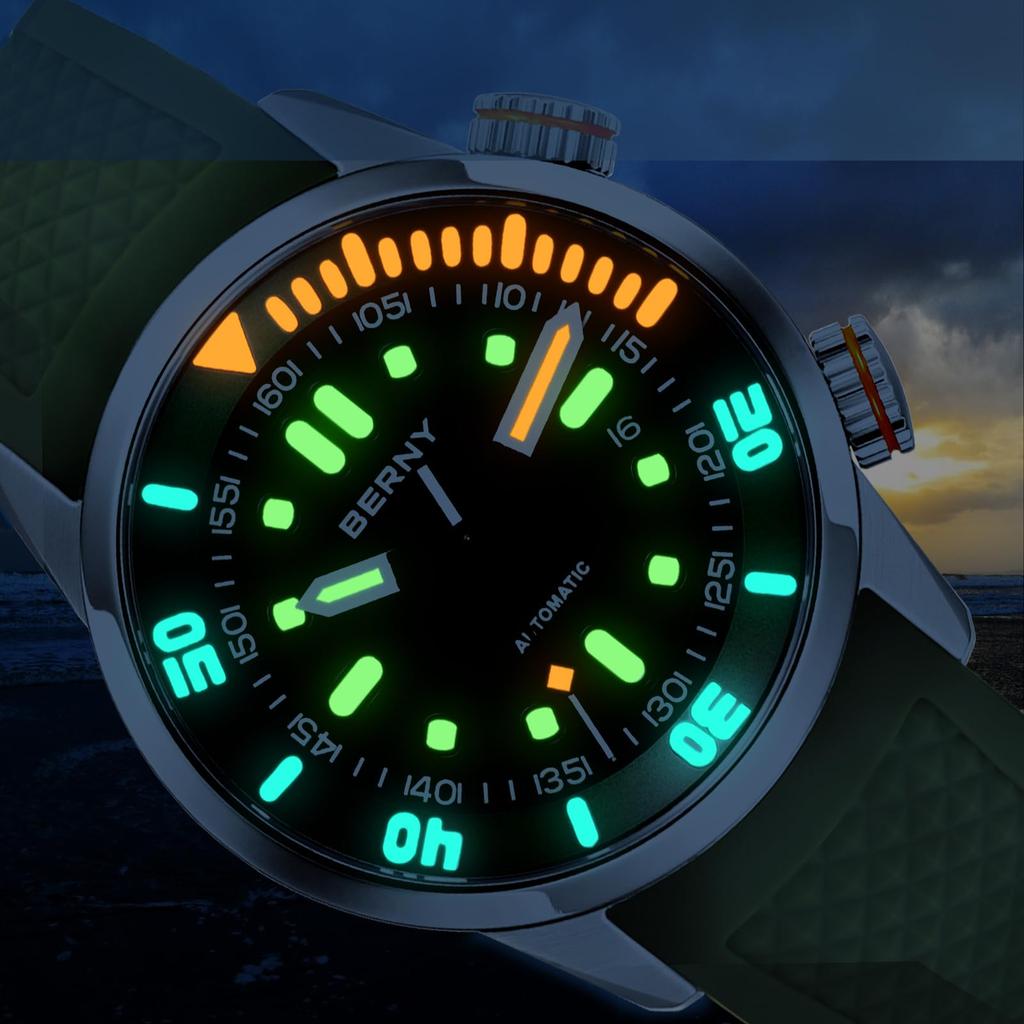 BERNY Men's Mechanical Dive Watch, 20ATM Waterproof, Sapphire Glass, Comfortable Silicone Band, Super Luminous, Automatic & Manual Wind