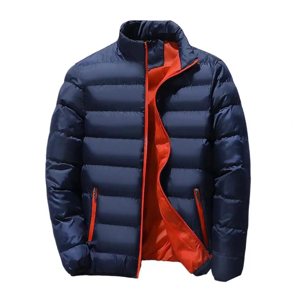 Men's Stand Up Collar Winter Zipper Thick Cotton Coat Solid Color Street Fashion Style Business Casual Zipper Jacket