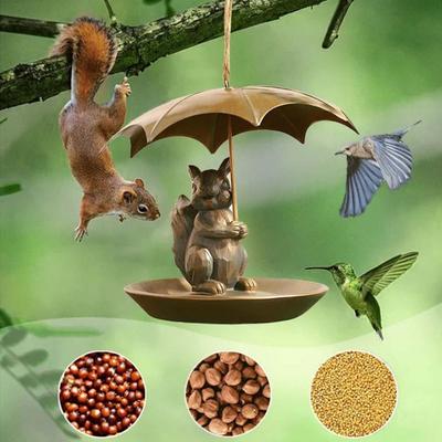 Resina Comedero para Pájaros Animal con Paraguas Ardilla/Gato/Perro Colgante para Exterior Comedero para Pájaros Paraguas Ardilla