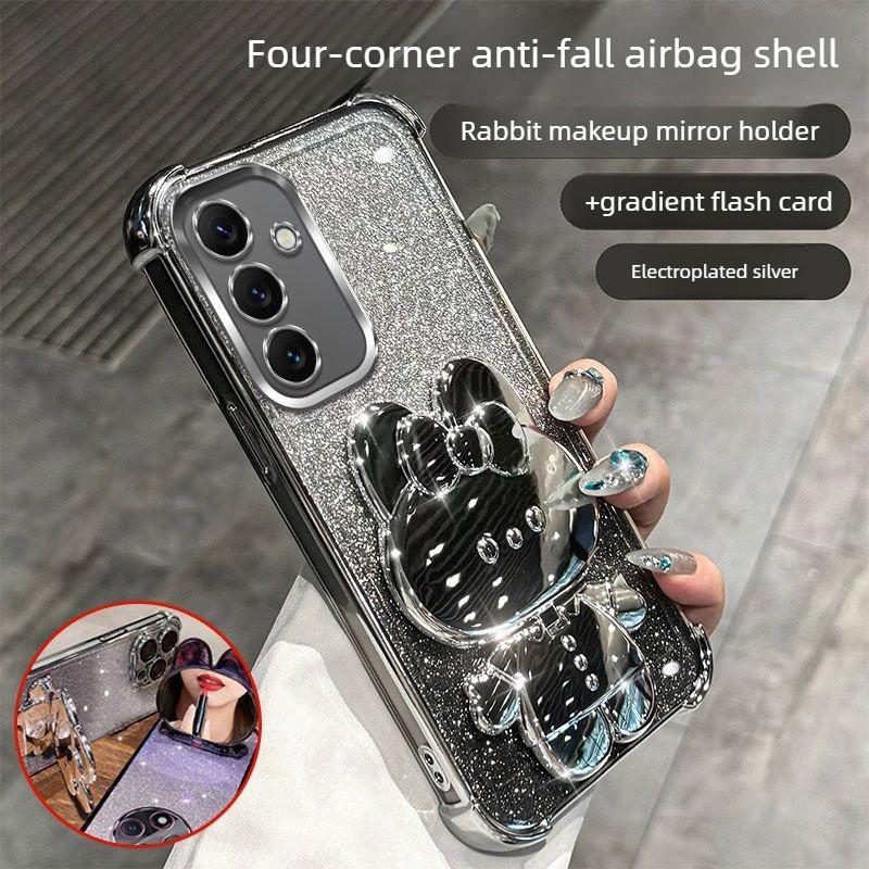 Glitter Mirror Rabbit Stand Holder Phone Case for Samusng Galaxy A57 A37 A17 A07 A56 A36 A26 A16 A55 A35 Four Corner Soft Cover