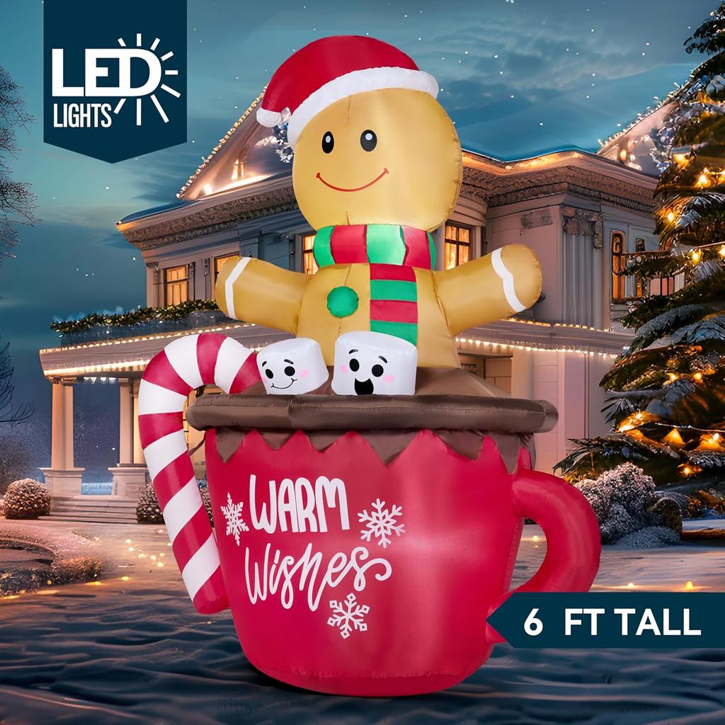 6 FT High Xmas Inflatable Gingerbread Man In Hot Cocoa Mug Featuring Build-in LEDs Designed for Xmas Celebration Outdoor Garden Decor