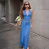 Women's Halter Neck Deep V Neck Top with Tie Detail and Long Skirt Set Casual Two Piece Outfit Summer Beachwear