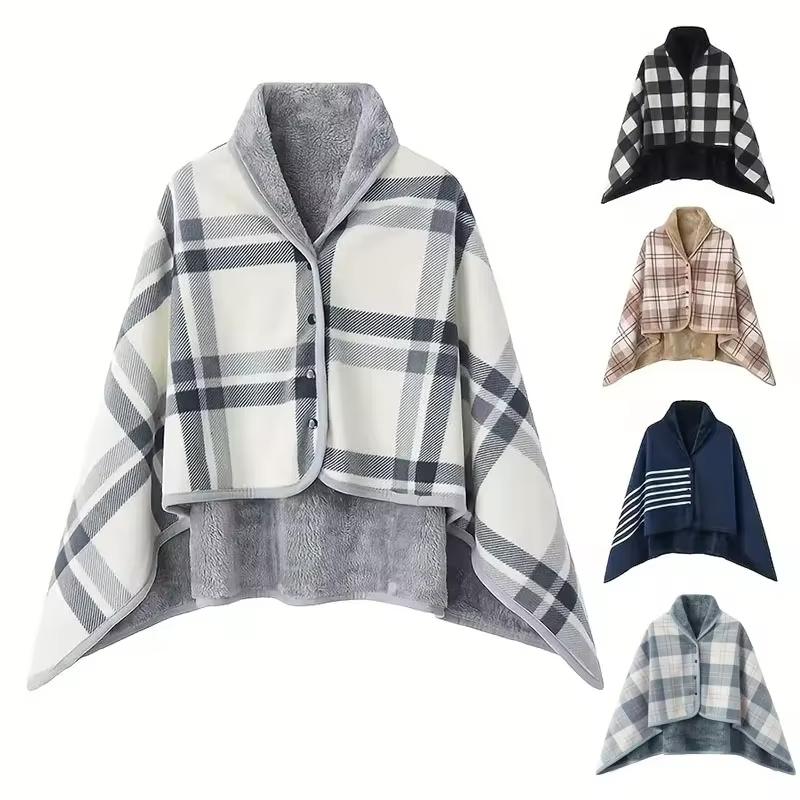 Flannel Wearable Blanket Plaid Home Office Chair Lap Blanket Comfy Poncho Throw with Buttons Winter Warm Soft Shawl Blanket