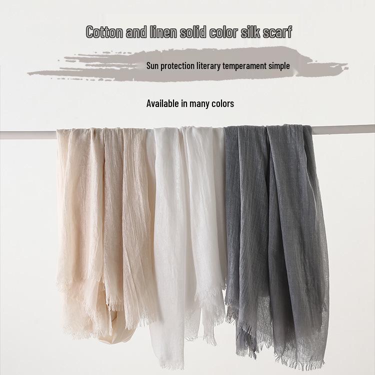 Women's Cotton Linen Artistic Solid Color Silk Scarf, Sun Protection Beach Neck Scarf, Japanese Style Long Gauze Scarf
