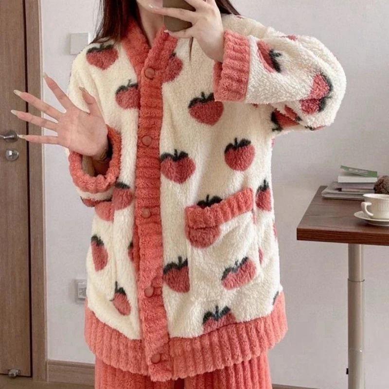 Strawberry Print Sleepwear Women Pajamas Set Winter Fleece Velvet 2 Pieces Home Suit Sleep Fluffy Korean Piiama Warm Night Wear
