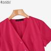 ZANZEA Blusa Estiva da Donna con Scollo a V Tinta Unita Casual Manica Corta