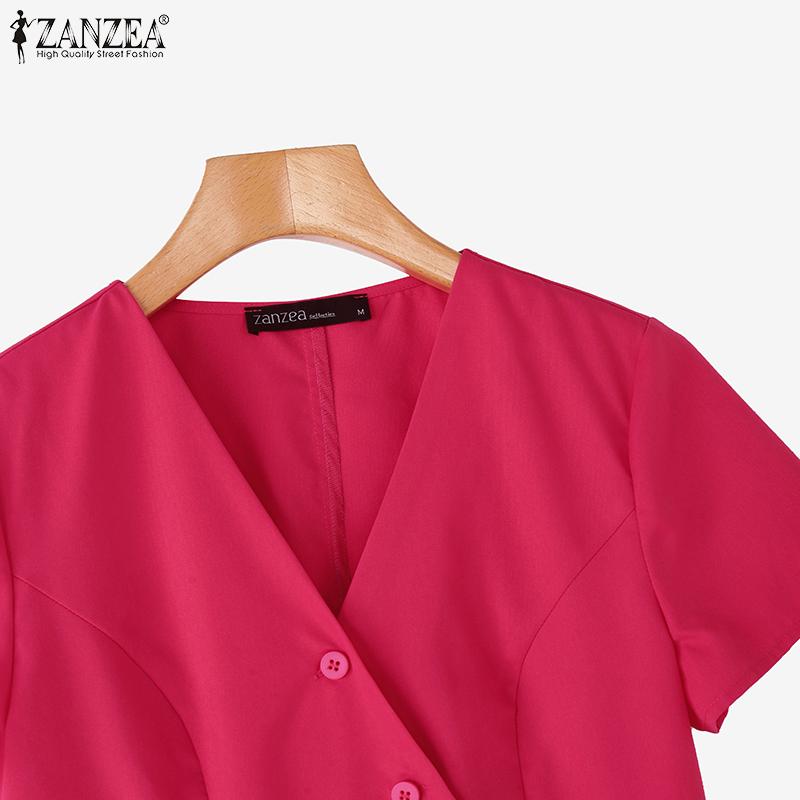 ZANZEA Blusa Estiva da Donna con Scollo a V Tinta Unita Casual Manica Corta