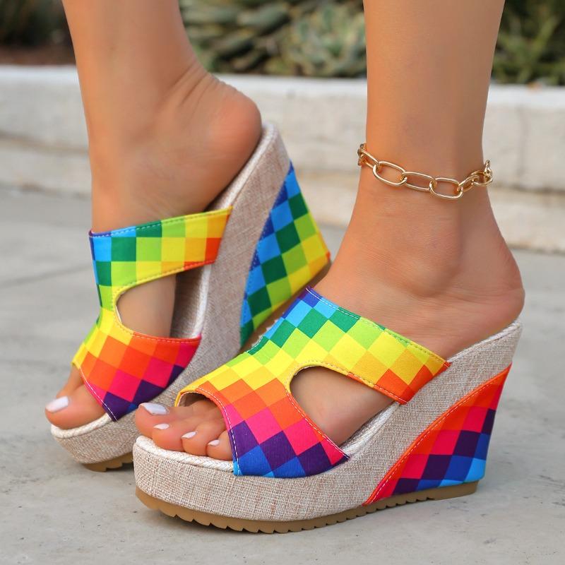 New Summer Colorful Print Wedge Fashion Platform Peep‑Toe High‑Heel Beach Casual Vacation Slide Slippers