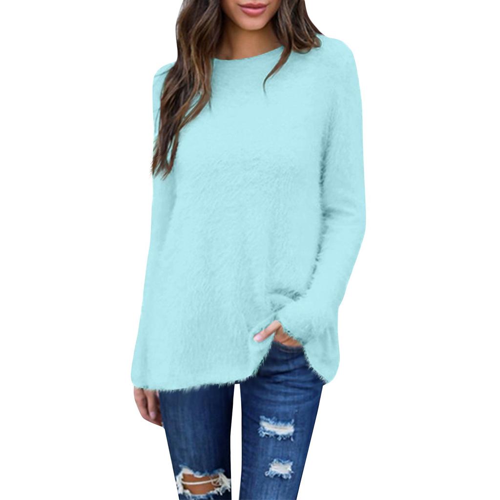 Women's Fashion Loose-Fit Round Neck Long-Sleeve Sweater Casual Solid Color Top