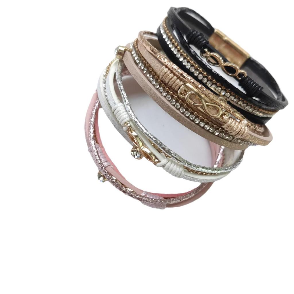 European & American Retro Leather Rhinestone Multi-layer Bracelet with Magnetic Buckle for Women
