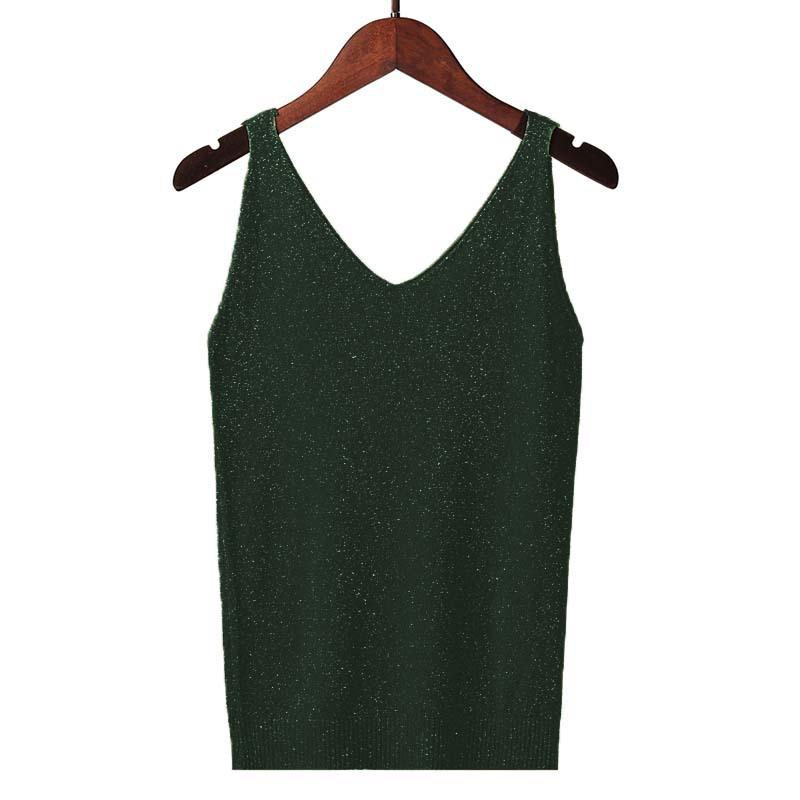 Women Summer Sexy Slim V-Neck Bright Silk Knitted Sleeveless Vest Top T-Shirt Basic Trend
