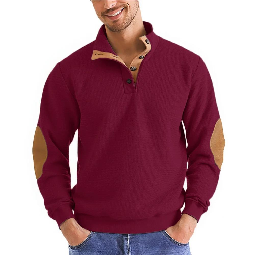 Men's Autumn Winter Casual Long Sleeve Color Block Sweatshirt with Leather Elbow Patches and Button Collar for Sports and Streetwear