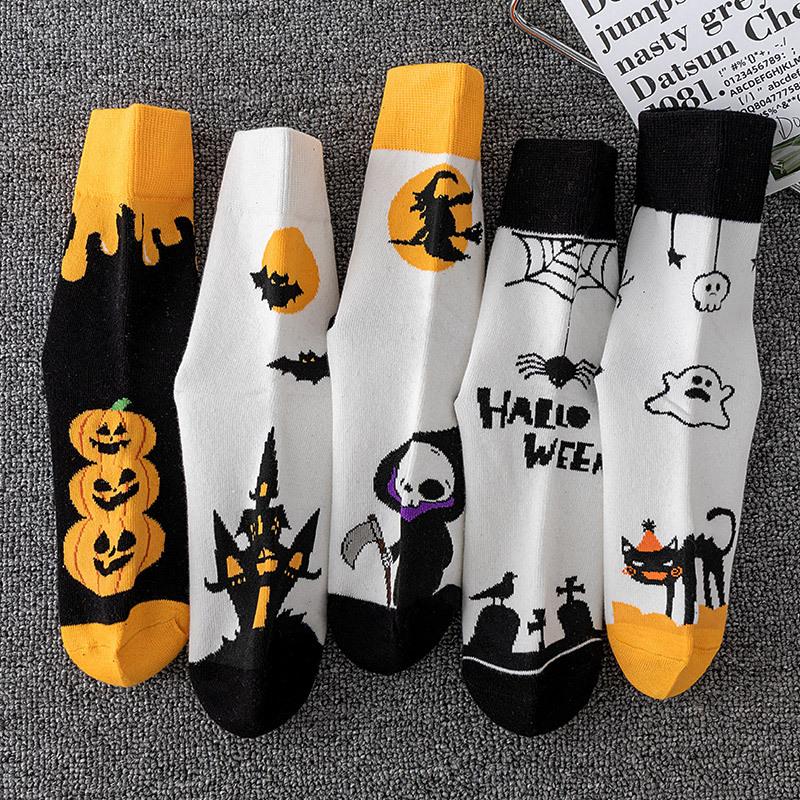 Warm Autumn Winter Halloween Cartoon Funny Socks Pumpkin Witch Motif Design Mid Tube Sports Socks Versatile for Men and Women
