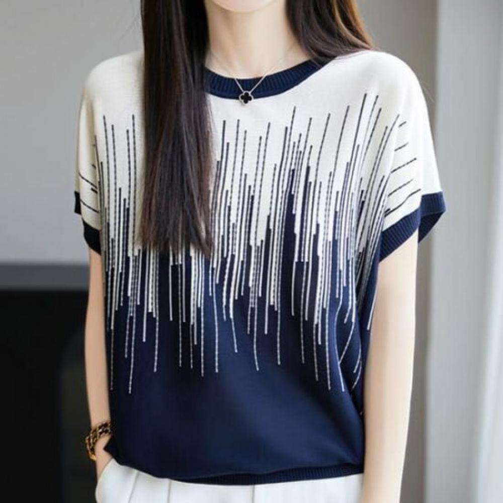 Navava Nk3054 Digital Graphic Color Block Short Sleeve Knit Tee