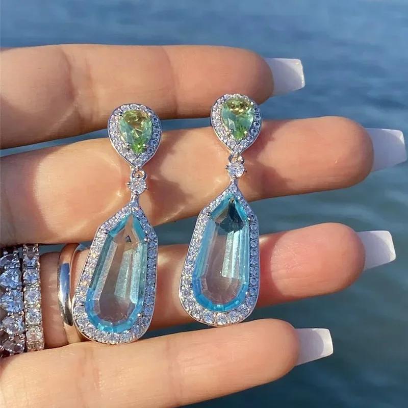 Luxury Square Green Cubic Zirconia Crystal Pendant Earrings Exquisite Fashionable  Women'S Wedding Jewelry