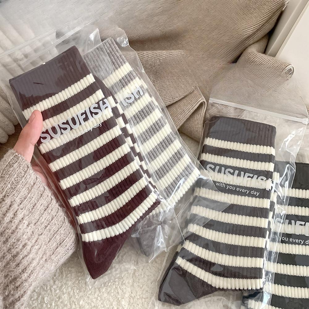 Striped Socks for Women, Thick and Warm Cashmere Socks for Autumn and Winter, Pile Socks, Mid-calf Socks, Versatile and Trendy Long Calf