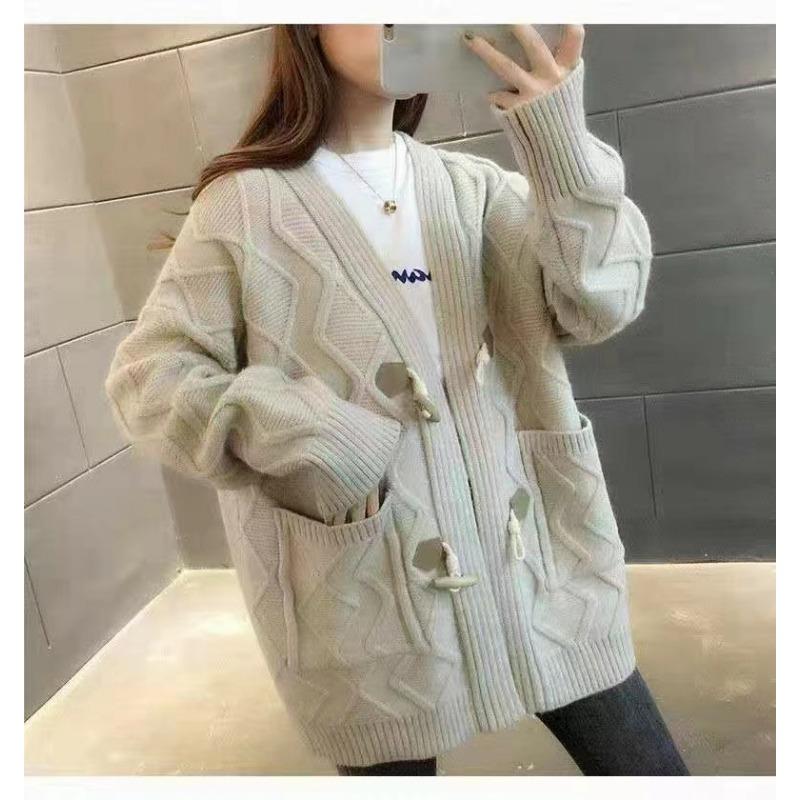 Autumn and winter new knitted cardigan jacket women's versatile loose lazy style casual medium and long sweater women