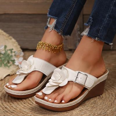 New Arrival Women Summer 2024 Flower Wedge Slippers Outdoor Casual Pinch Toe Comfortable Heeled Thong Sandals Sandalia Feminina