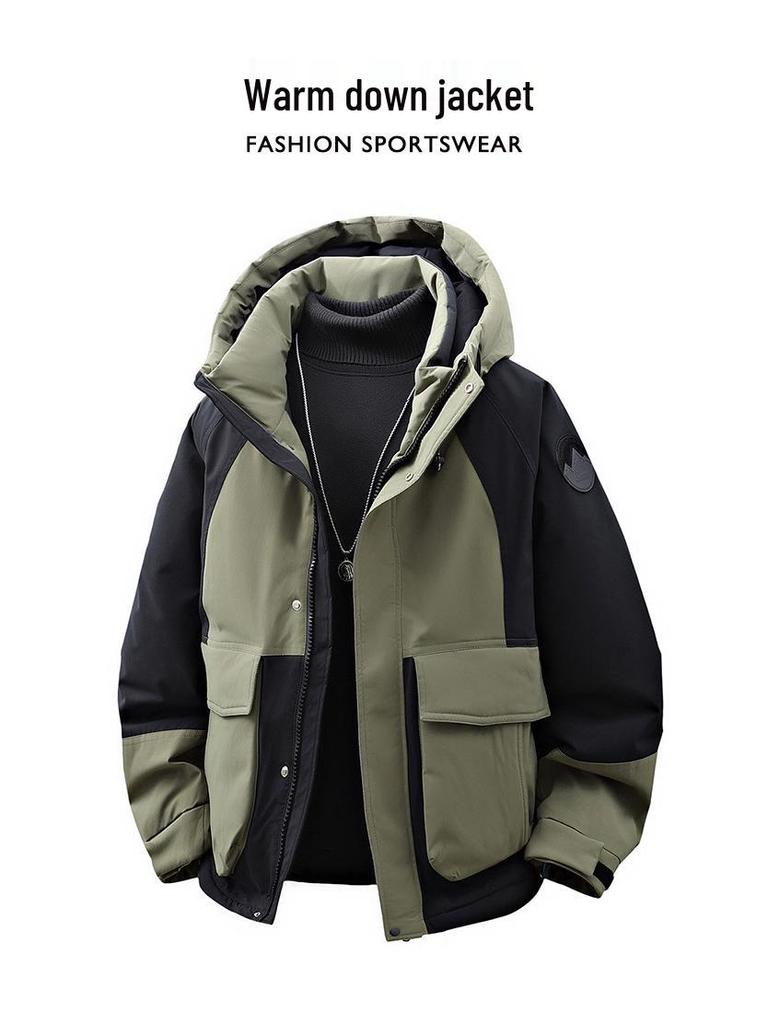 Trendy Hooded Patchwork Down Jacket for Couples: Autumn/Winter, Two-Way Zipper, 90% White Duck Down, Fashion Forward