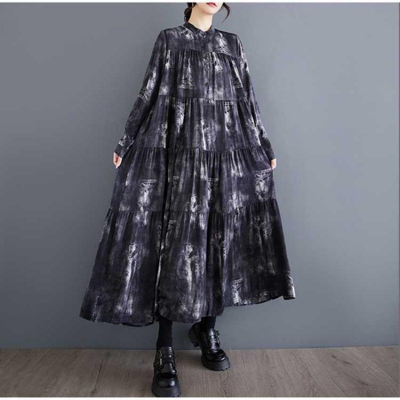 Nowe Sukienki w Dużym Rozmiarze, Luźne, Cienkie, Modne, z Długim Rękawem, Drukowane, o Długości Midi