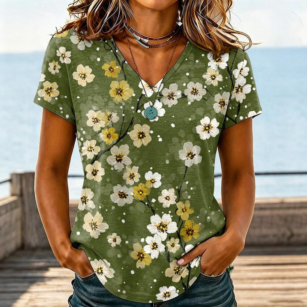 Womens Casual V Neck T Shirt Short Sleeve Floral Print Top Lightweight Comfortable Soft Fabric Blouse for Everyday Wear