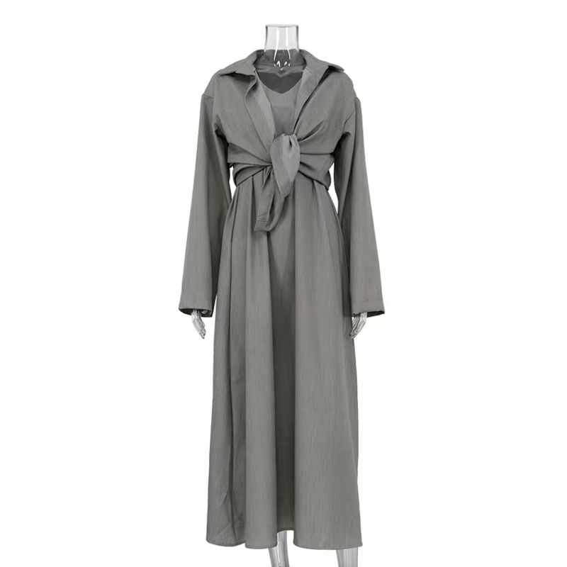 

Western Style New Fashion Loose Long sleeve Shirts + Vest One-piece Dress set Shirt and Dress Set Gray S