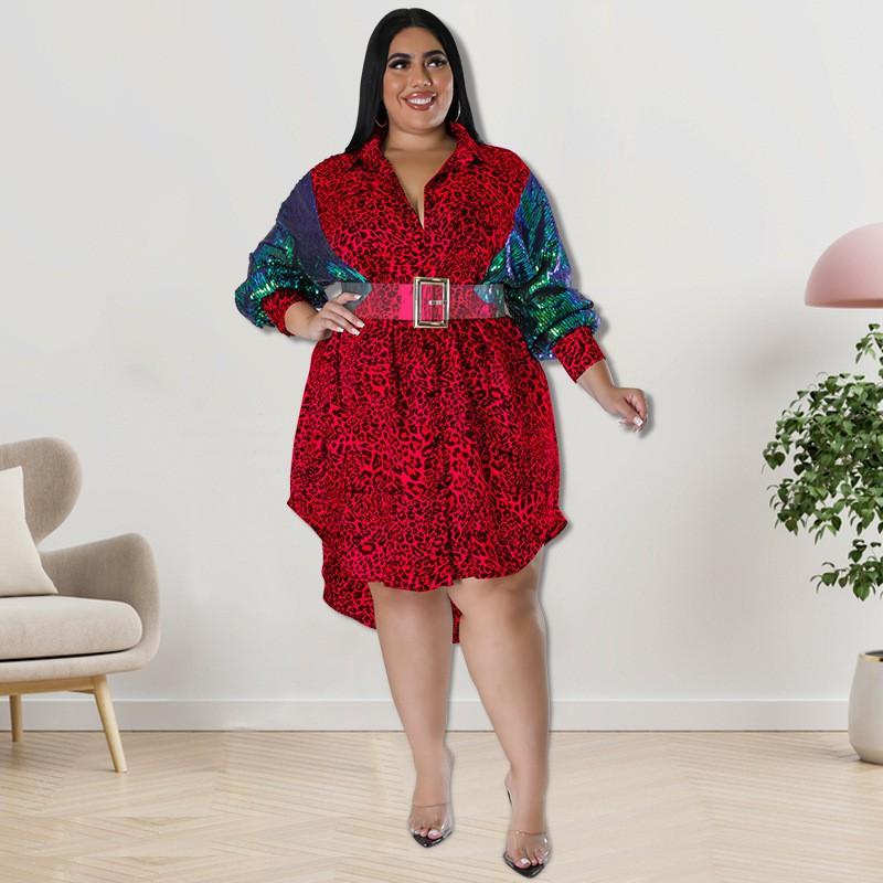 Plus Size Womens Leopard Print Long Sleeve Shirt With Sequin Accent Loose Fit Streetwear Top Winter Collection