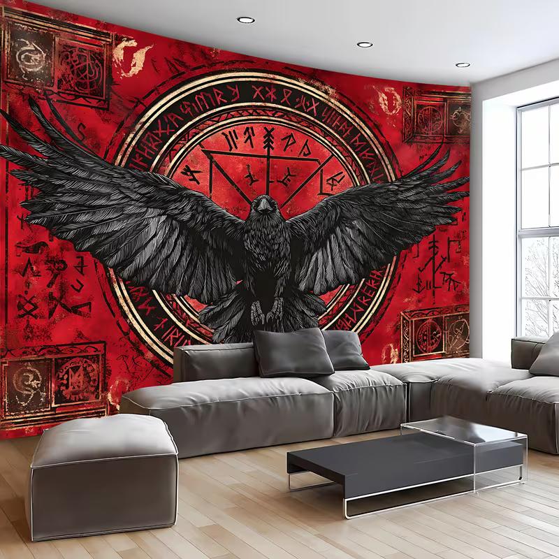 2D Vintage Red Raven Tapestry, Viking Runes Black Crow Wall Hanging
