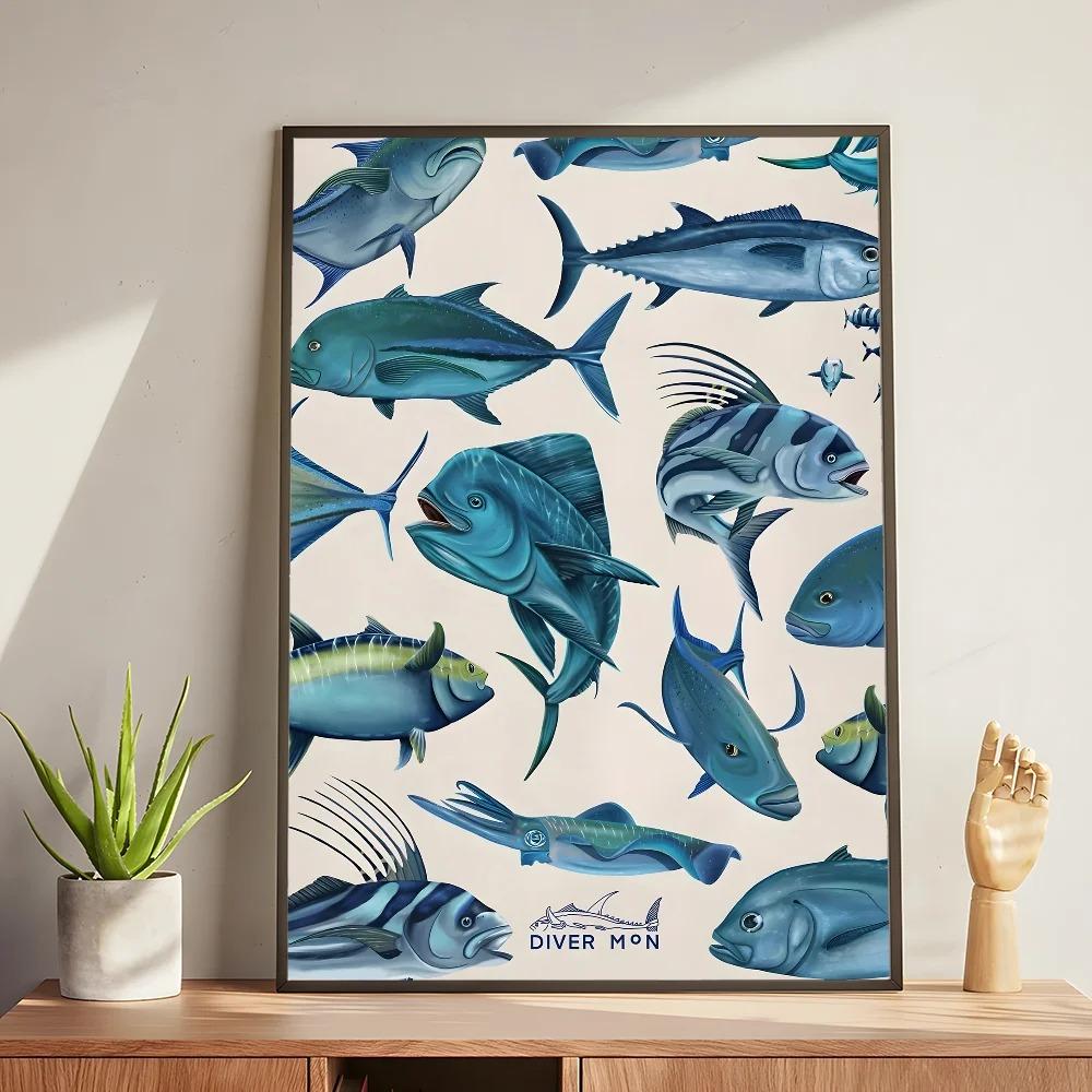 Whale and Shark Seashells Turtles Octopus Fish Marine Life Ocean Animals Poster and Print Canvas Painting  Wall Art Home Living Room