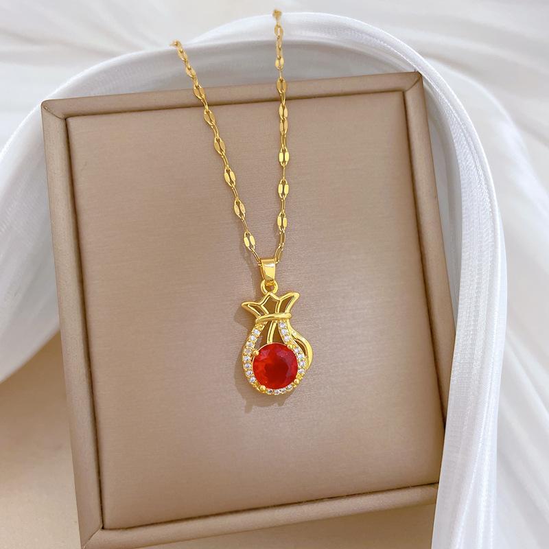 Red Lucky Bag Fashionable Light Luxury Temperament Gorgeous Full Diamond Necklace Female Versatile Collarbone Chain Titanium Steel Chain