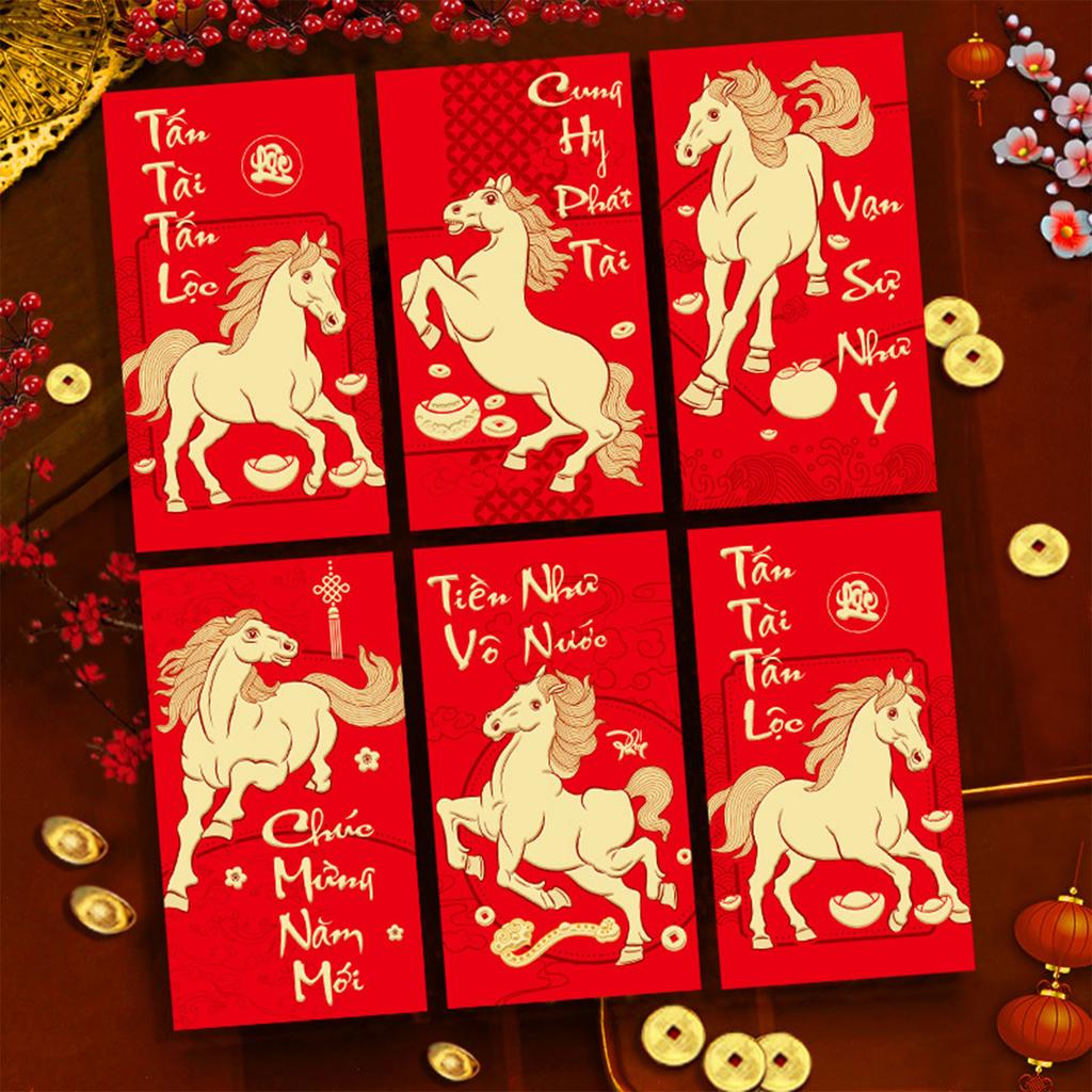 Pack of 6 Vietnamese Lunar New Year Red Envelopes With Festive Horse Design and Matte Finish for 2026 Celebrations