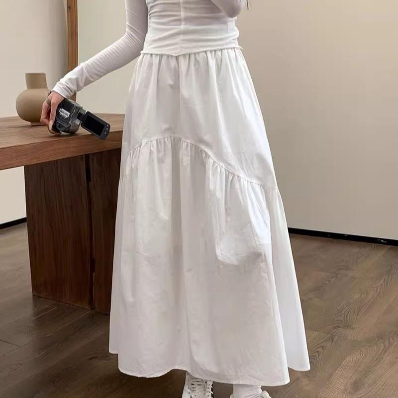 Spring New Elastic High Waist Fashion Loose Long Skirts Women Pleated Patchwork Summer A-line Skirt Female Elegant Temperament Simple Lady Skirt 26290