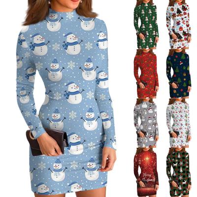 Dámské ležérní šaty s vysokým krkem, dlouhým rukávem, potiskem a slim-fit střihem