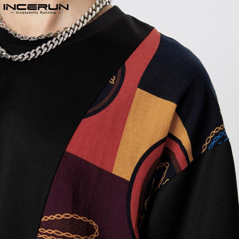 INCERUN bărbați cu mânecă scurtă Patchwork tricou casual de vară vintage cu imprimeu topuri