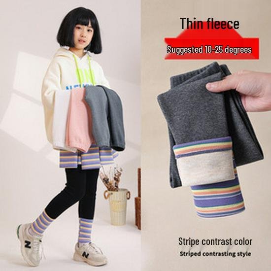 Girls' Winter Fleece-Lined Cotton Leggings with Rabbit Embroidery