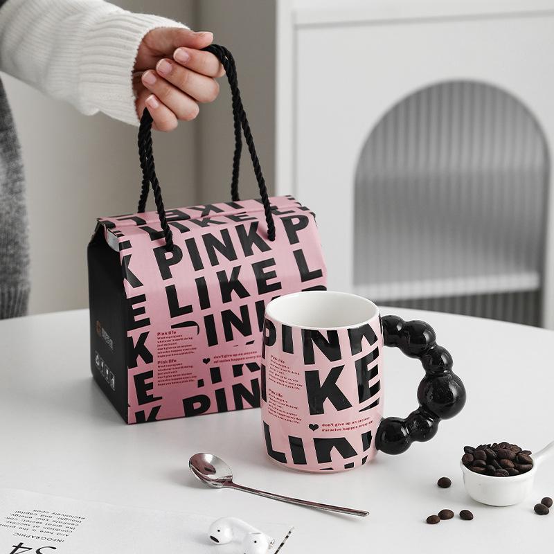 Yiran Bag Pink/Black And Creative Mug Souvenir High Looking Couple Ceramic Water Cup Gift Coffee Cup Gift Box