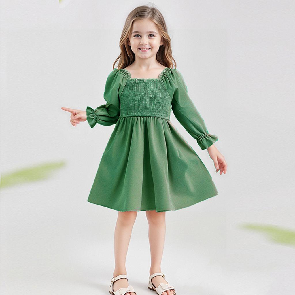 Girls' Fashion Cute Solid Color Square Neck Sleeve Ruffled High-Waisted Lace-Trimmed Full-Skirt Dress