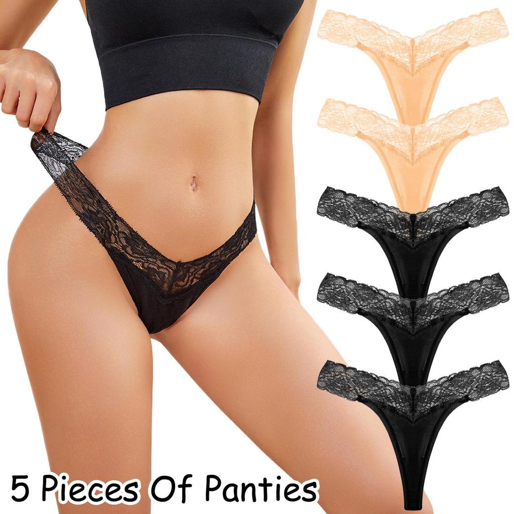 5-Piece Plus Size Women's Lace Low-Rise Thong Set
