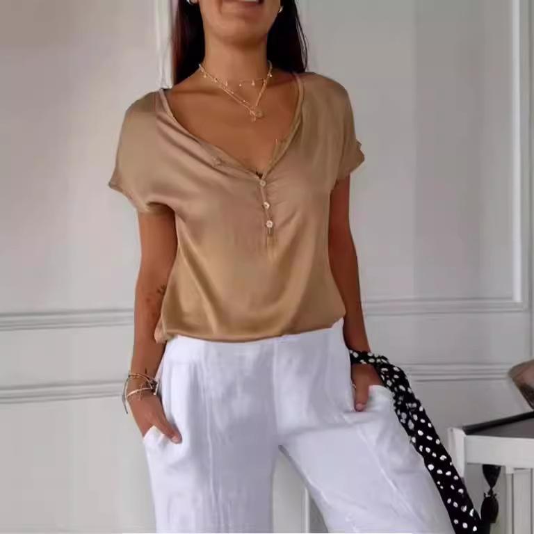 

GMXIA Летний женский свободный повседневный простой женский топ с короткими рукавами для пригородных поездок M светло-коричневого